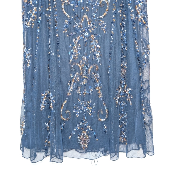 NWT Pisarro Nights Beaded Mesh Midi Cocktail Dress in Navy - Picture 9 of 16